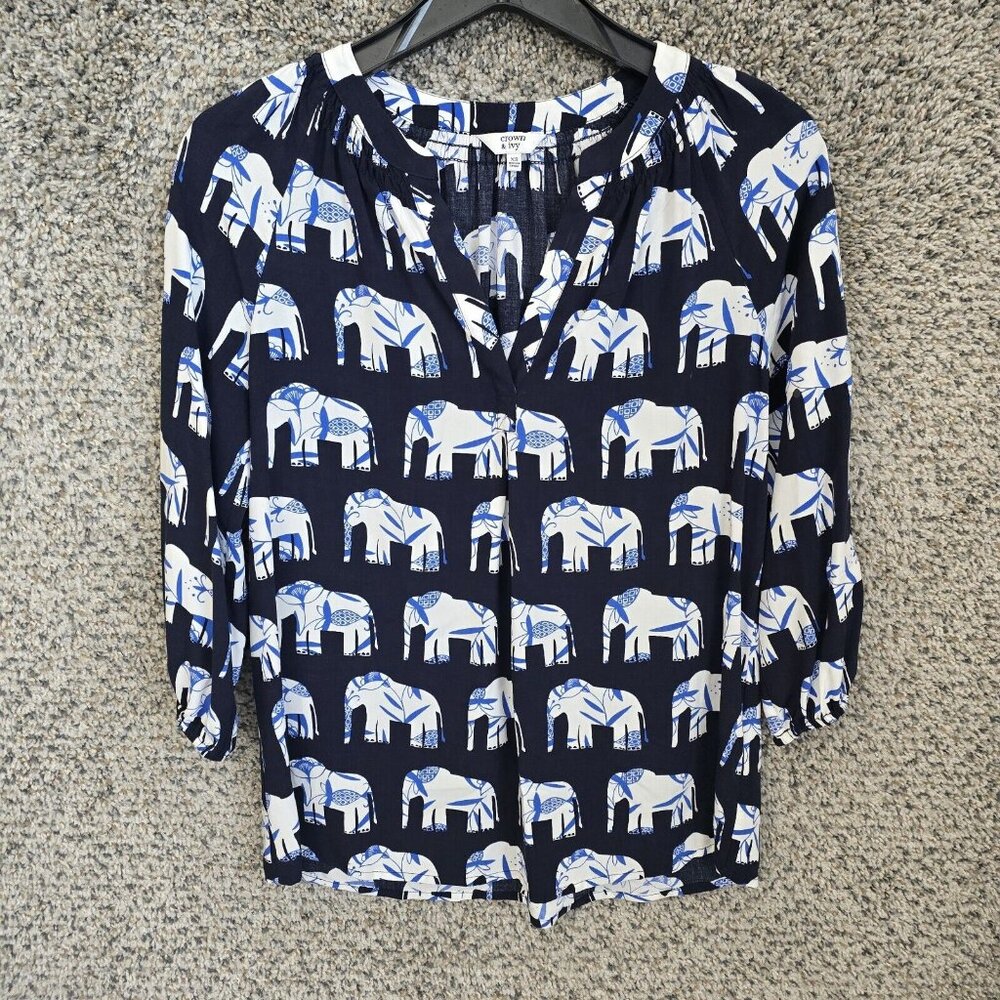 Crown & Ivy Top Womens XS Navy Blue Peasant Blouse Elephant Print Casual Ladies